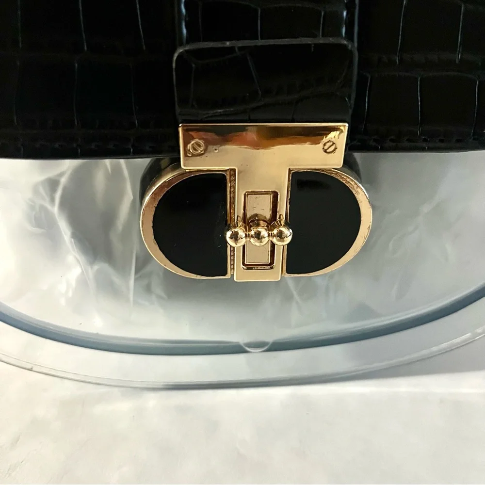 Clear Crossbody with Black Croc-embossed  Accents and Gold Turn Lock - New - Picture 5 of 10
